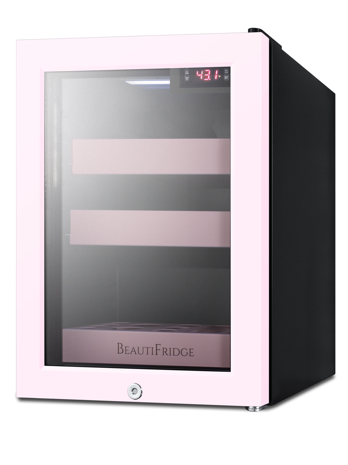 BeautiFridge compact cosmetics cooler with pink trimmed glass door, lock, matte blush pink shelves, and digital controls set for the storage of beauty products